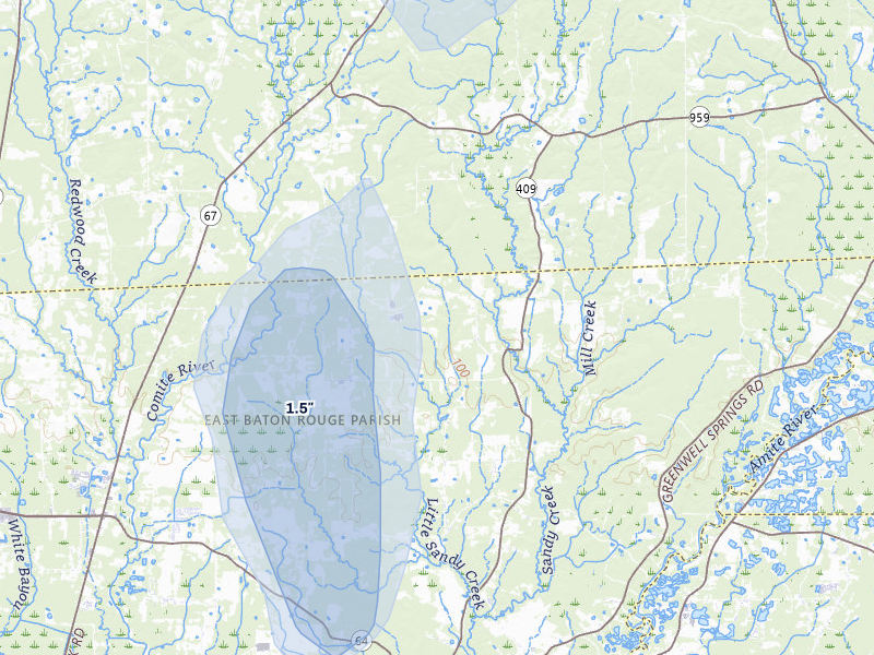 NEXRAD radar-signature map of the hail storm over Zachary, LA on Apr 2, 2026