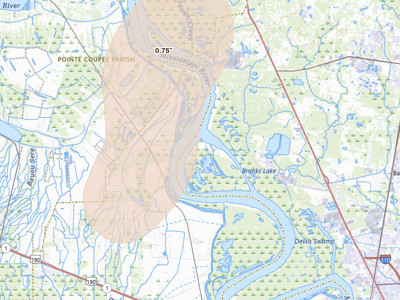 Radar-estimated hail-size map of the storm over Zachary, LA on Jul 8, 2026