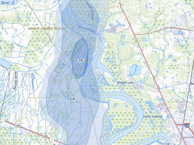 NEXRAD radar-signature map of the hail storm over Zachary, LA on Jul 8, 2026