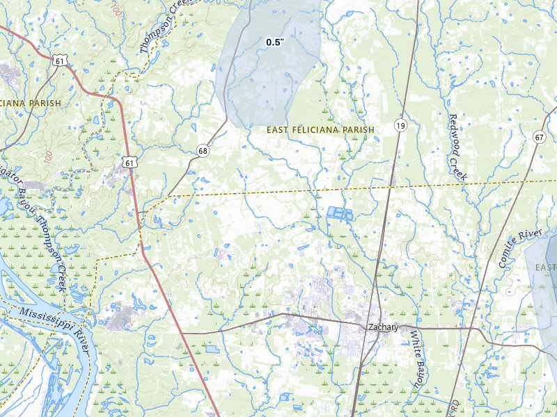 NEXRAD radar-signature map of the hail storm over Zachary, LA on Aug 5, 2026