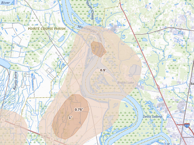 Radar-estimated hail-size map of the storm over Zachary, LA on Aug 21, 2026