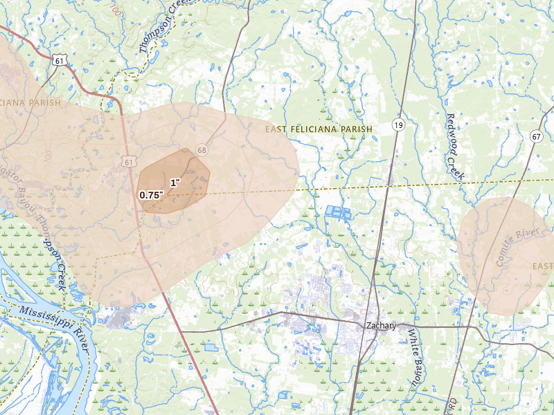 Radar-estimated hail-size map of the storm over Zachary, LA