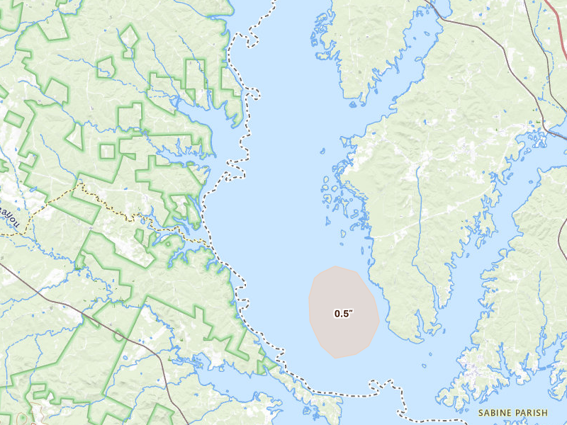 Radar-estimated hail-size map of the storm over Zwolle, LA on Jun 2, 2026