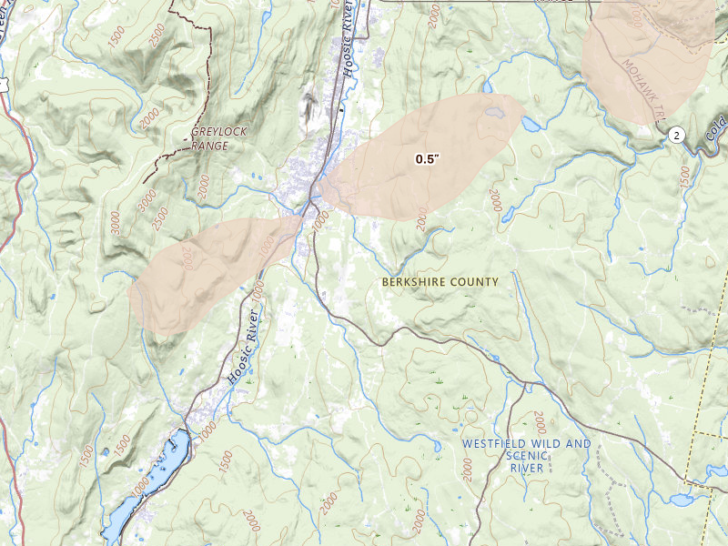 Radar-estimated hail-size map of the storm over Adams, MA on Jun 6, 2026