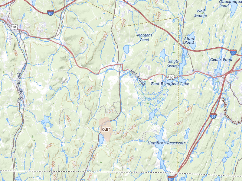 Radar-estimated hail-size map of the storm over Brimfield, MA on Jul 28, 2026