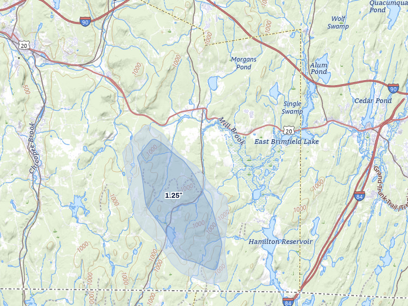 NEXRAD radar-signature map of the hail storm over Brimfield, MA on Jul 28, 2026