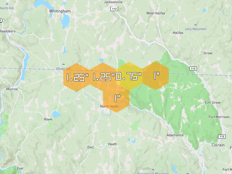 Hail map of Charlemont, MA on Jul 2, 2026, hail up to 1.25"