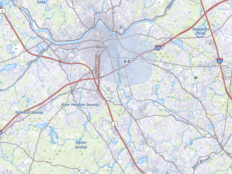 NEXRAD radar-signature map of the hail storm over Chelmsford, MA on Jul 22, 2026