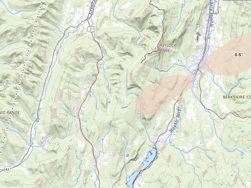 Radar-estimated hail-size map of the storm over Cheshire, MA on Jun 6, 2026