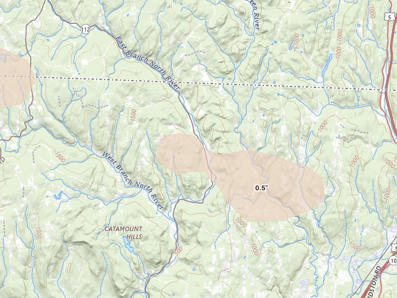 Radar-estimated hail-size map of the storm over Colrain, MA on Jul 1, 2026