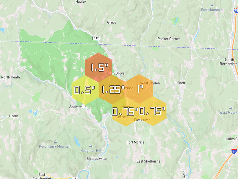 Hail map of Colrain, MA on Jul 2, 2026, hail up to 1.5"
