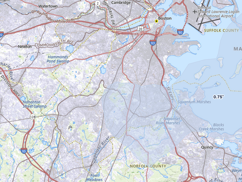 NEXRAD radar-signature map of the hail storm over Dorchester, MA on Jul 22, 2026