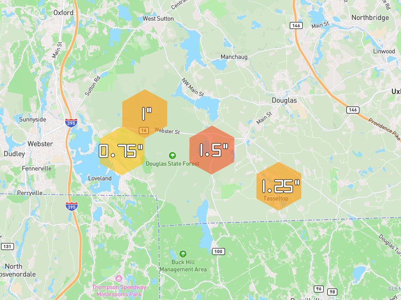 Hail map of Douglas, MA on Jul 2, 2026, hail up to 1.5"