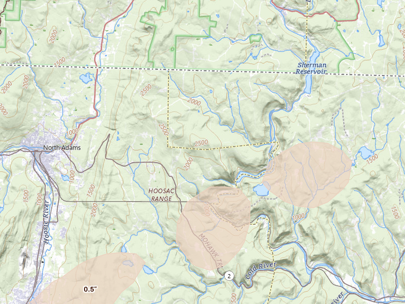 Radar-estimated hail-size map of the storm over Drury, MA on Jun 6, 2026