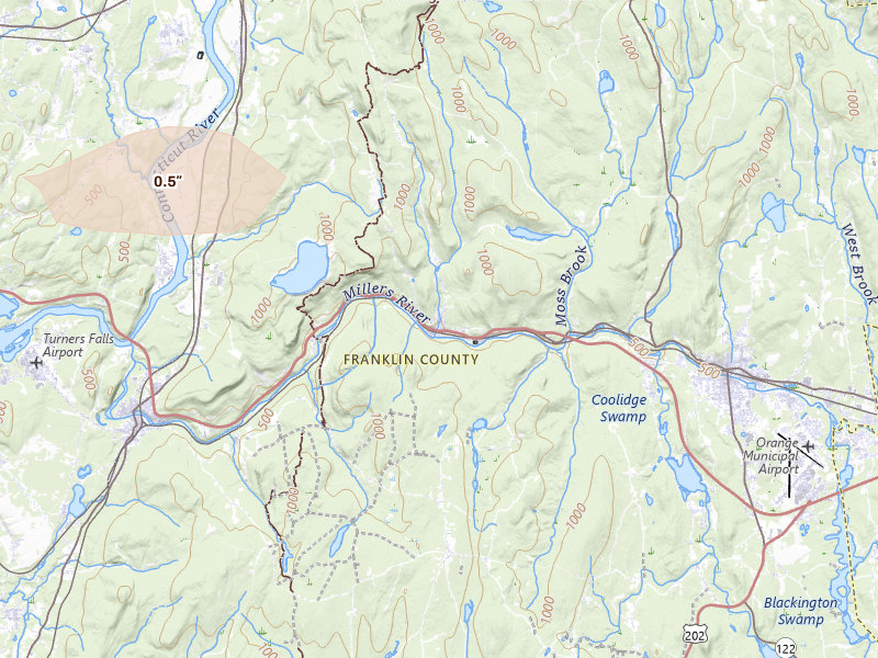Radar-estimated hail-size map of the storm over Erving, MA on Jul 1, 2026