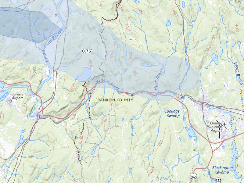 NEXRAD radar-signature map of the hail over Erving, MA