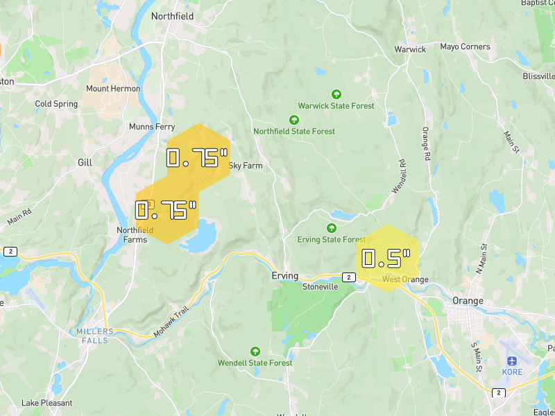 Hail map of Erving, MA on Jul 2, 2026, hail up to 0.75"