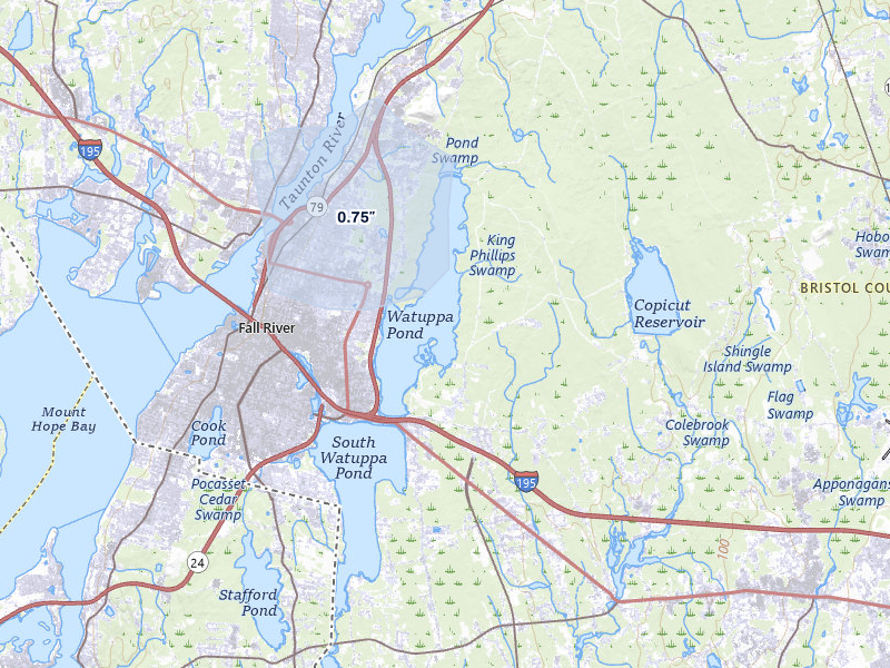 NEXRAD radar-signature map of the hail over Fall River, MA