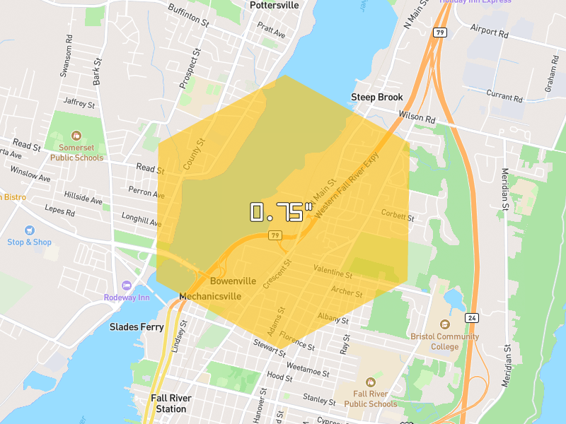 Hail map of Fall River, MA on Jul 2, 2026, hail up to 0.75"