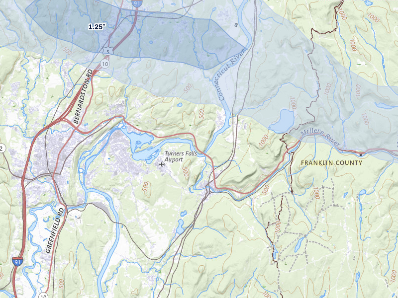 NEXRAD radar-signature map of the hail storm over Gill, MA on Jul 1, 2026