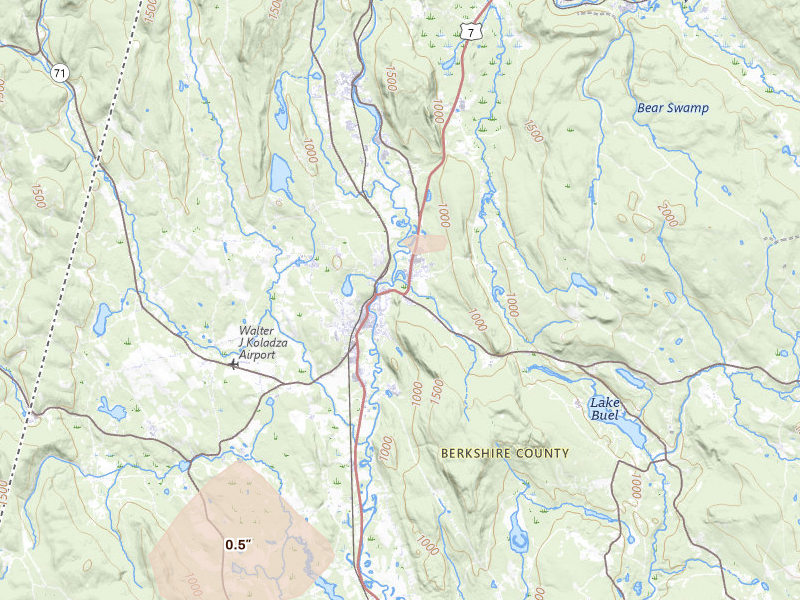 Radar-estimated hail-size map of the storm over Great Barrington, MA on Jul 1, 2026