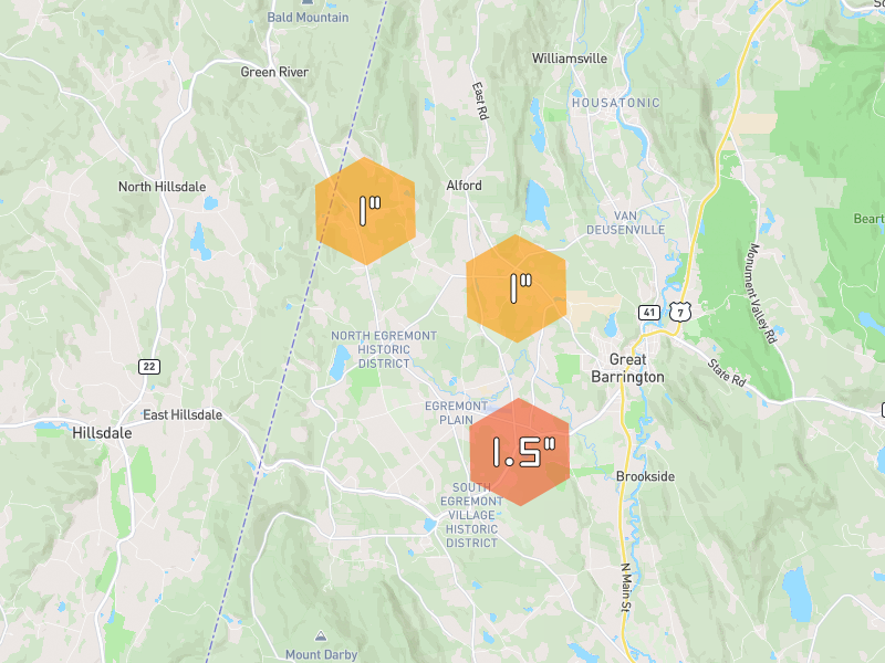 Hail map of Great Barrington, MA on Jul 2, 2026, hail up to 1.5"