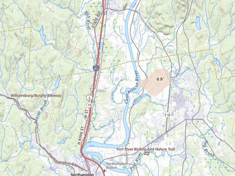 Radar-estimated hail-size map of the storm over Hatfield, MA on Jun 30, 2026