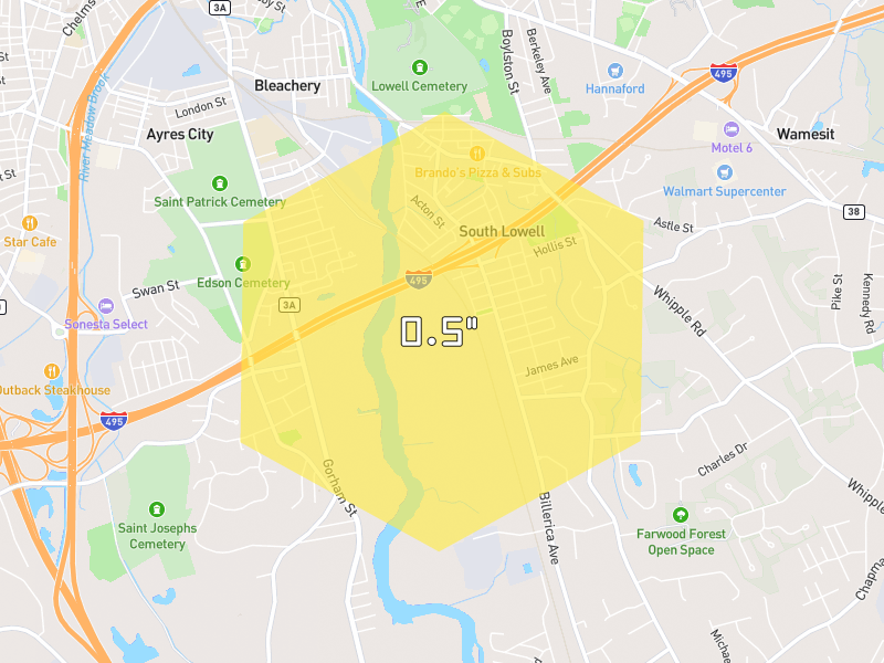 Hail map of Lowell, MA on Jul 22, 2026, hail up to 0.5"
