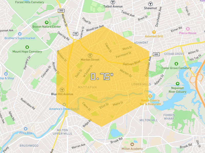 Hail map of Mattapan, MA on Jul 22, 2026, hail up to 0.75"