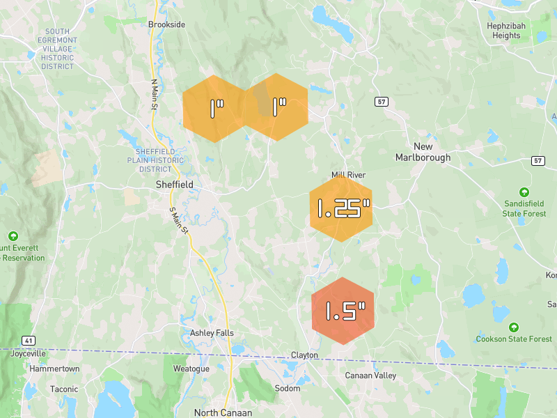 Hail map of Mill River, MA on Jul 2, 2026, hail up to 1.5"