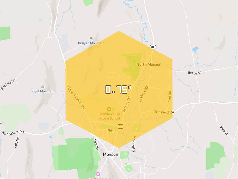Hail map of Monson, MA on Jul 3, 2026, hail up to 0.75"