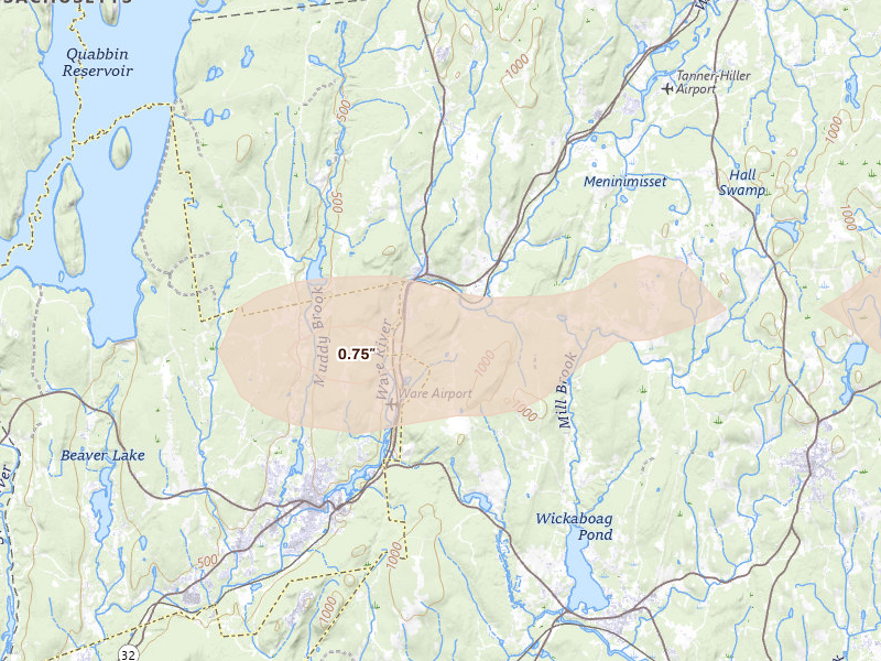 Radar-estimated hail-size map of the storm over New Braintree, MA on May 19, 2026