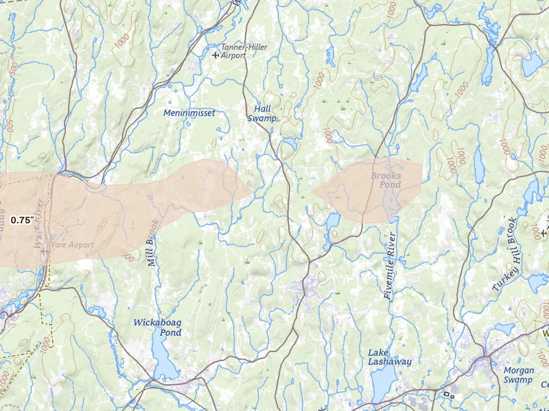 Radar-estimated hail-size map of the storm over North Brookfield, MA on May 19, 2026