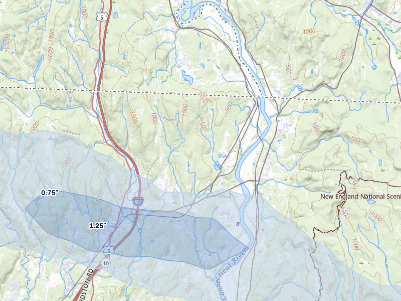 NEXRAD radar-signature map of the hail storm over Northfield, MA on Jul 1, 2026