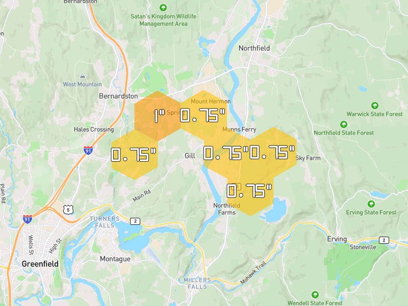 Hail map of Northfield, MA on Jul 2, 2026, hail up to 1"