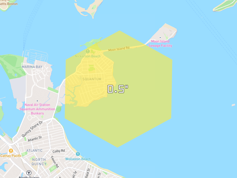 Hail map of Quincy, MA on Jul 22, 2026, hail up to 0.5"