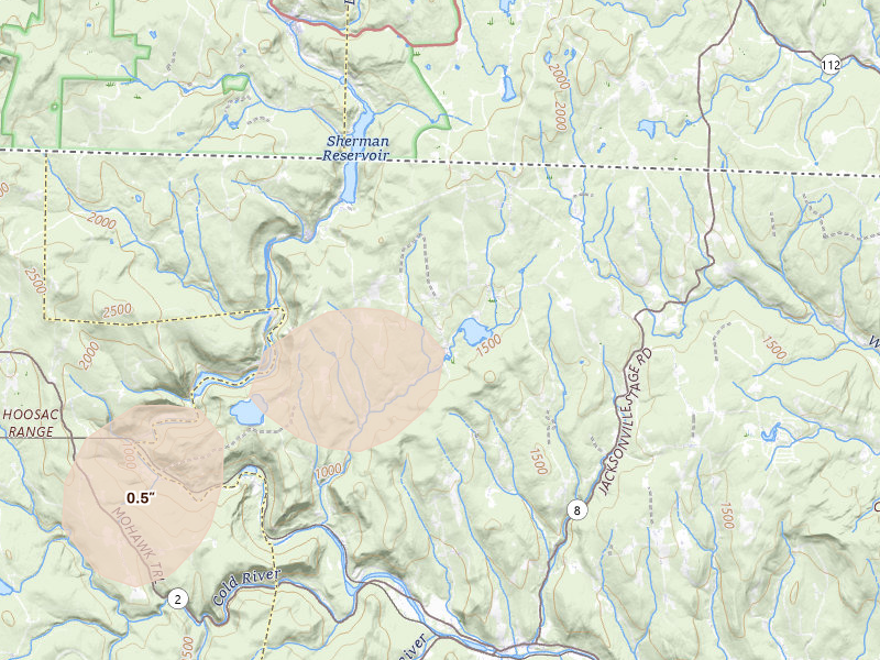 Radar-estimated hail-size map of the storm over Rowe, MA on Jun 6, 2026