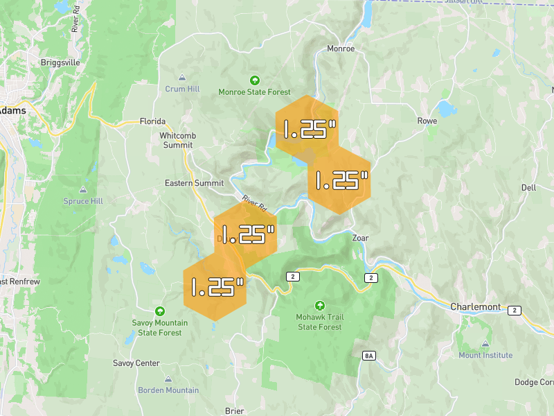 Hail map of Rowe, MA on Jun 6, 2026, hail up to 1.25"