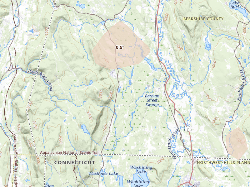 Radar-estimated hail-size map of the storm over Sheffield, MA on Jul 1, 2026