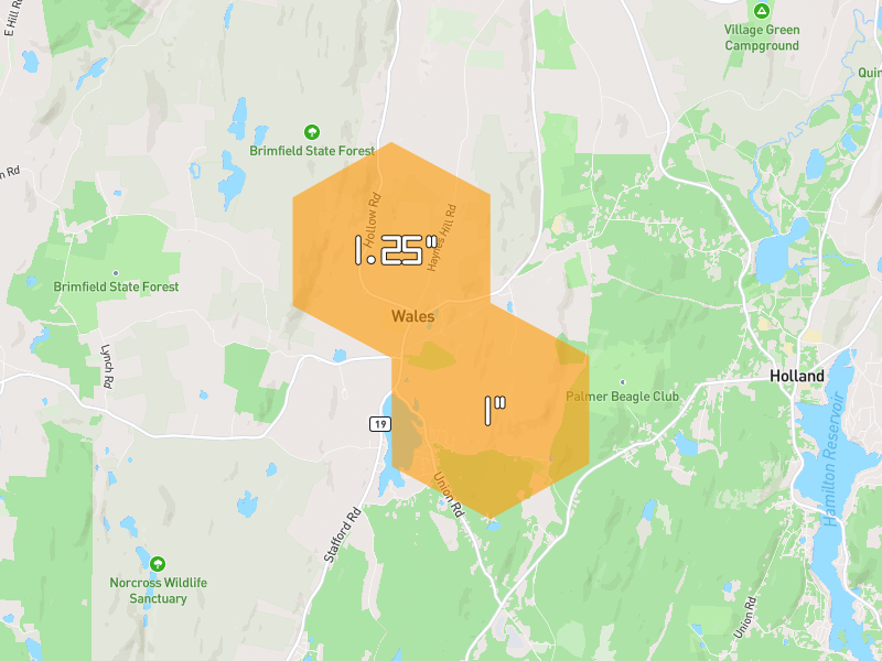 Hail map of Wales, MA on Jul 28, 2026, hail up to 1.25"