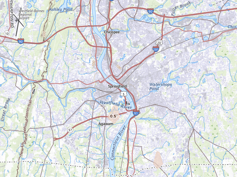 Radar-estimated hail size over West Springfield, MA on Aug 8, 2026