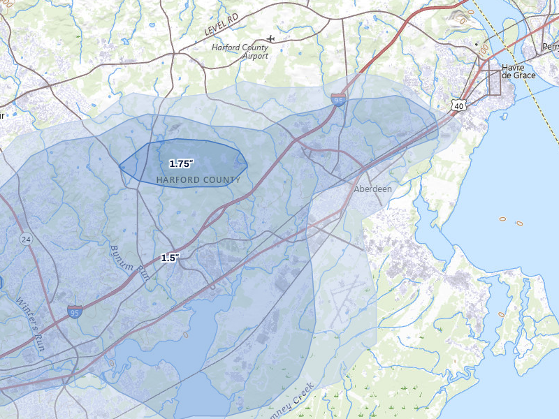 NEXRAD radar-signature map of the hail over Aberdeen, MD
