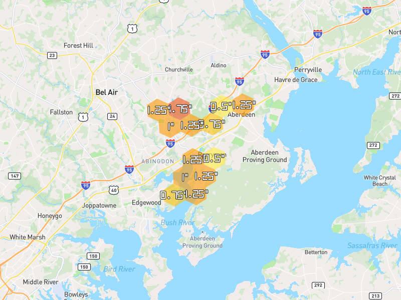 Hail map of Aberdeen, MD on Jul 5, 2026, hail up to 1.75"