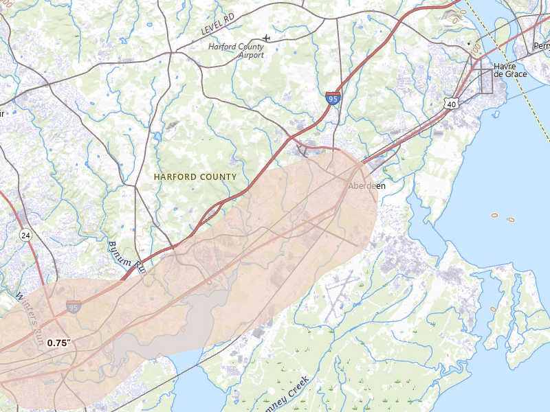 Radar-estimated hail-size map of the storm over Aberdeen, MD on Jul 28, 2026
