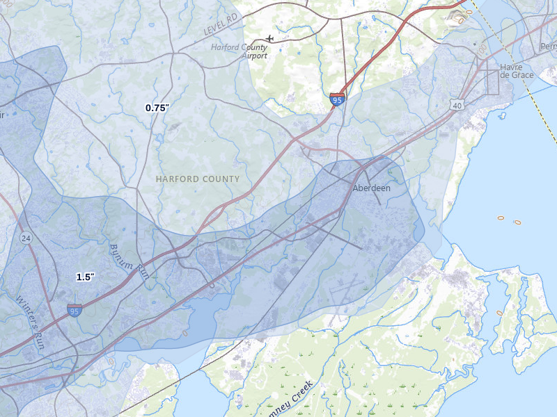 NEXRAD radar-signature map of the hail storm over Aberdeen, MD on Jul 28, 2026