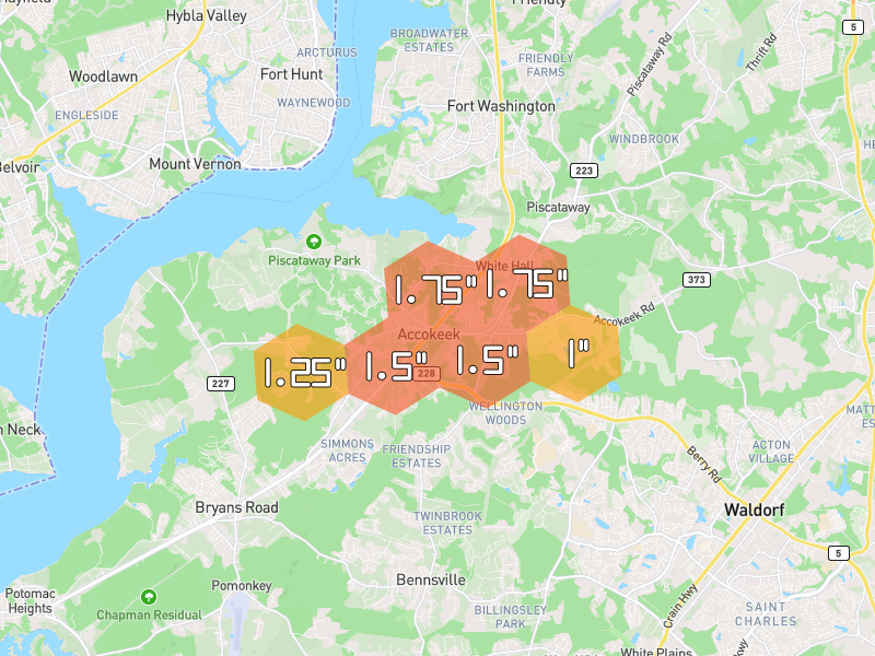Hail map of Accokeek, MD on Jul 21, 2026, hail up to 1.75"