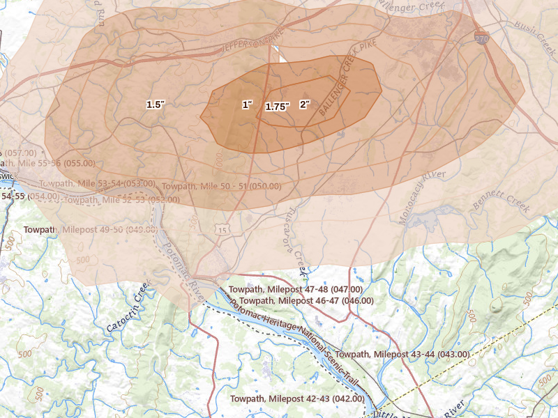 Radar-estimated hail-size map of the storm over Adamstown, MD on Jul 18, 2026