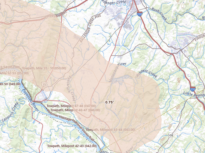 Radar-estimated hail-size map of the storm over Adamstown, MD on Aug 27, 2026