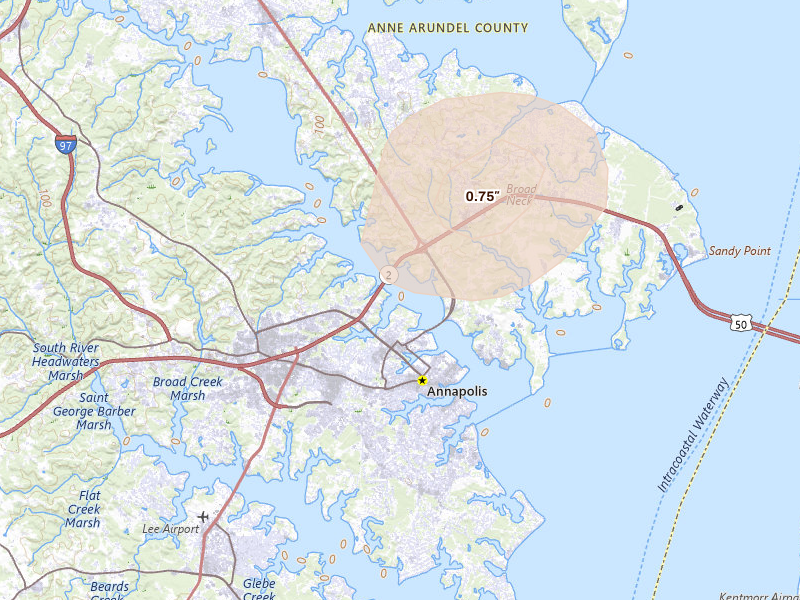 Radar-estimated hail-size map of the storm over Annapolis, MD on Jun 12, 2026