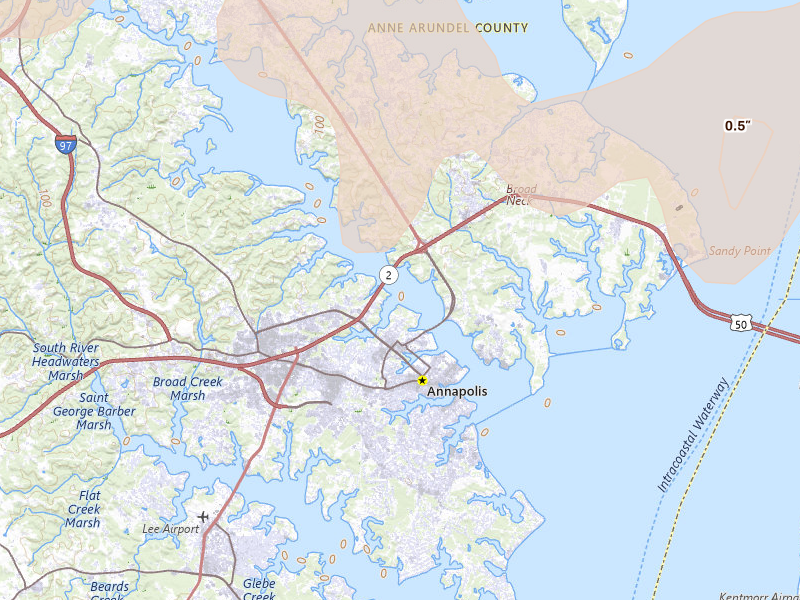 Radar-estimated hail-size map of the storm over Annapolis, MD on Jul 4, 2026